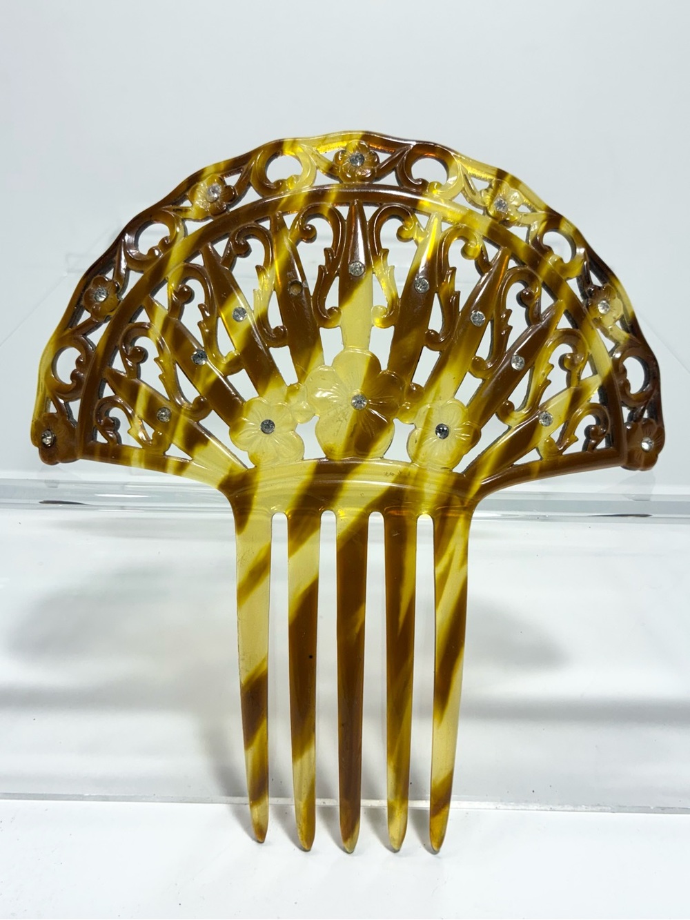 Vintage Fan Style Openwork Tortoiseshell Rhinestone Floral Hair Comb Oversized
